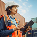 Person with tablet in container port